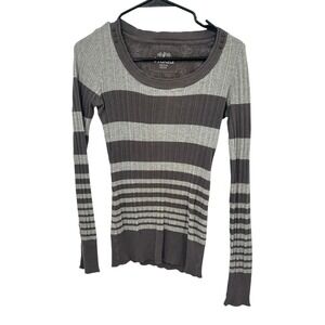 Y2K Mudd Grey Striped Ribbed Fitted Long Sleeve Top M 2000s Grunge Mallcore Alt